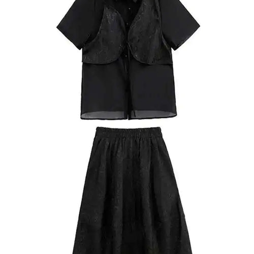 Load image into Gallery viewer, Black Shirt Big Size Half-body Skirt Two Pieces Suit New Lapel Short Sleeve Women Fashion Tide Spring Summer 2025 1DH5405
