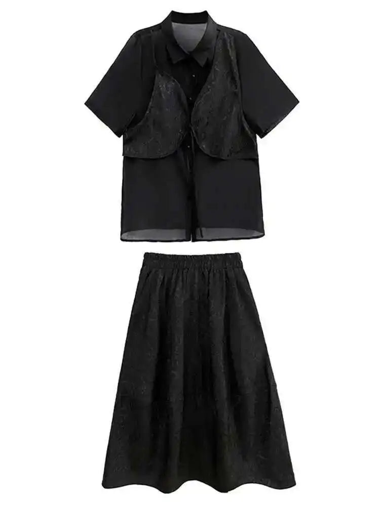 Black Shirt Big Size Half-body Skirt Two Pieces Suit New Lapel Short Sleeve Women Fashion Tide Spring Summer 2025 1DH5405