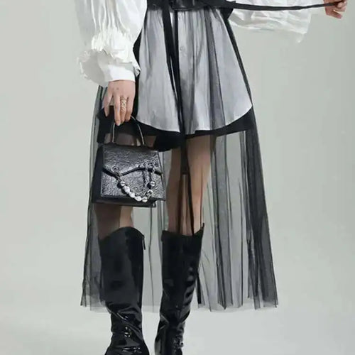 Load image into Gallery viewer, High Waist Black Pu Leather Ruffles Mesh Long Elegant Half-body Skirt Women Fashion Tide New Spring Autumn 2025 1DF6219
