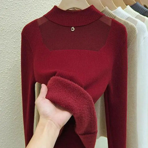 Load image into Gallery viewer, Autumn Winter Women Solid Mesh Velvet Sweater Korean Fashion Warm Round Collar Knitwear Long Sleeve Pullovers Tops Thick Popular
