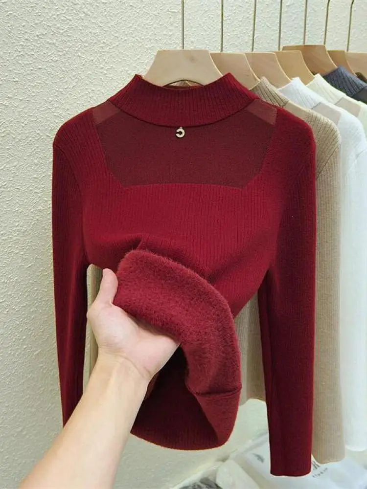 Autumn Winter Women Solid Mesh Velvet Sweater Korean Fashion Warm Round Collar Knitwear Long Sleeve Pullovers Tops Thick Popular