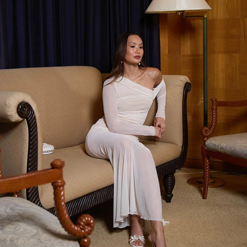 Load image into Gallery viewer, Oblique Shoulder Long Sleeve Sexy Maxi Dress For Women Fashion Mesh Backless Bodycon Ruched Club Evening Long Dress

