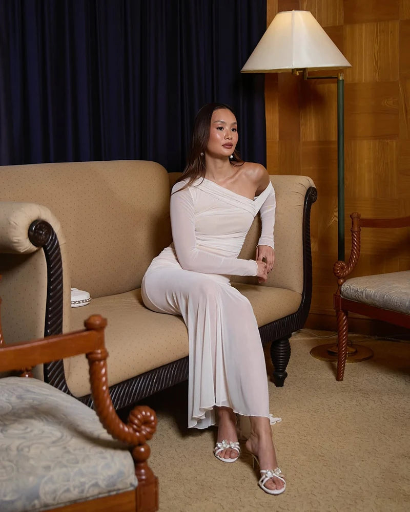 Oblique Shoulder Long Sleeve Sexy Maxi Dress For Women Fashion Mesh Backless Bodycon Ruched Club Evening Long Dress