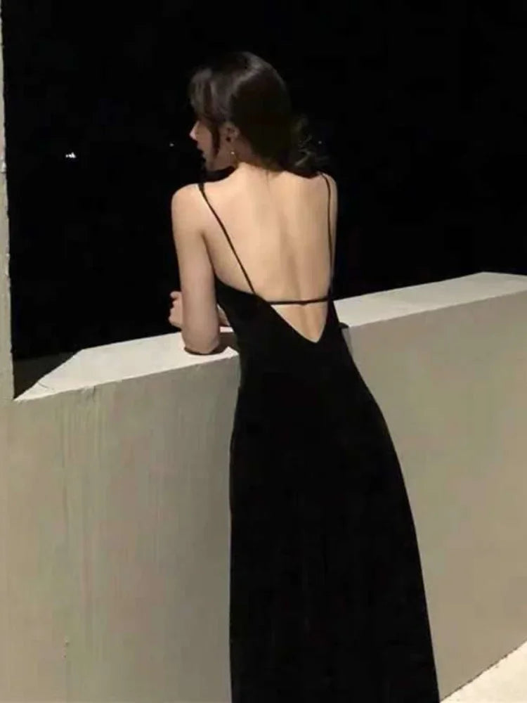 Sexy Night Club Black Slip Dress Split Backless Off Shoulder Spaghrtti Strap Party Evening Dresses  Summer