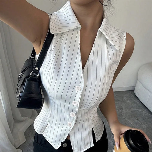 Load image into Gallery viewer, y2k Waistcoat Vest 2000s Women Summer Striped Single Breasted Sleeveless Tank Top Elegant Ladies Clothes Streetwear
