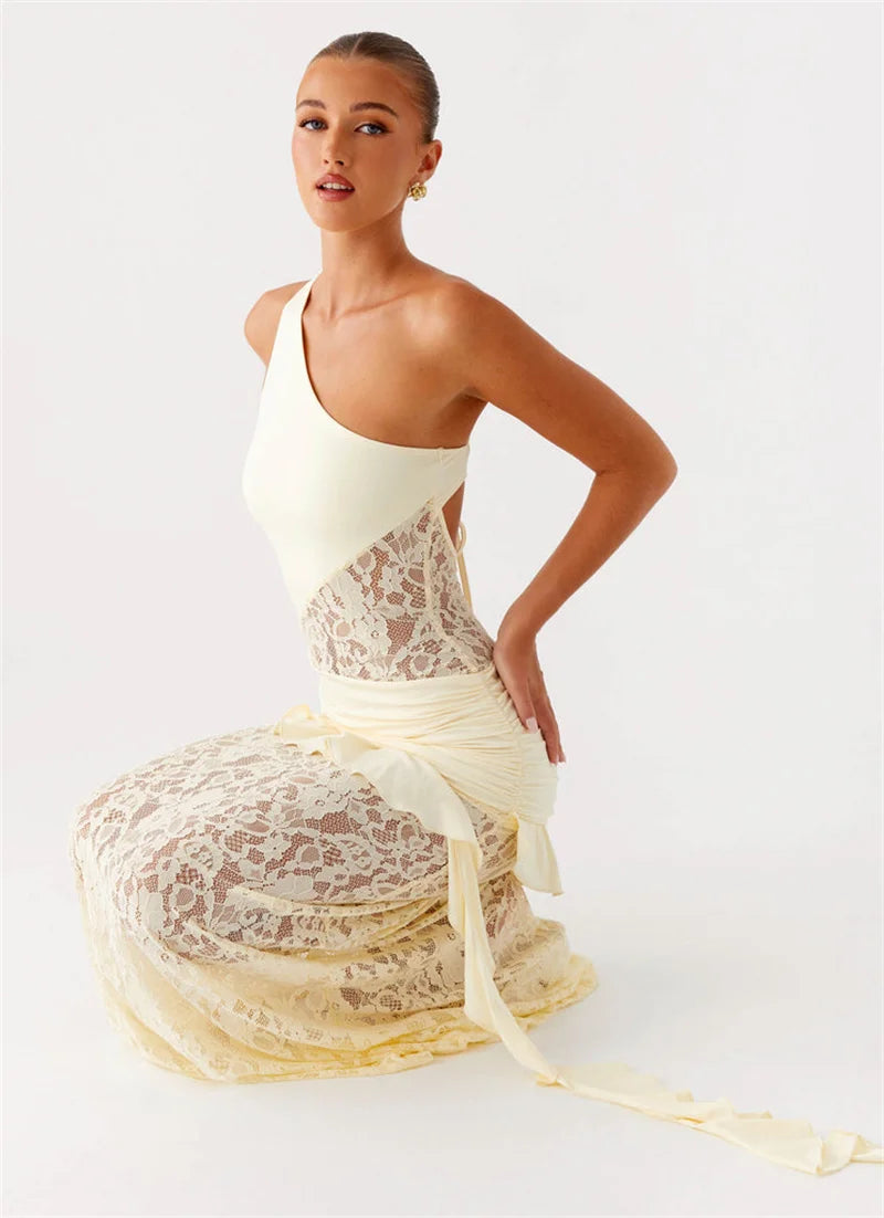 One Shoulder Backless Sexy Maxi Dress Women Lace Patchwork Fashion Sleeveless Lace-up Draped Ruffle Club Long Dress