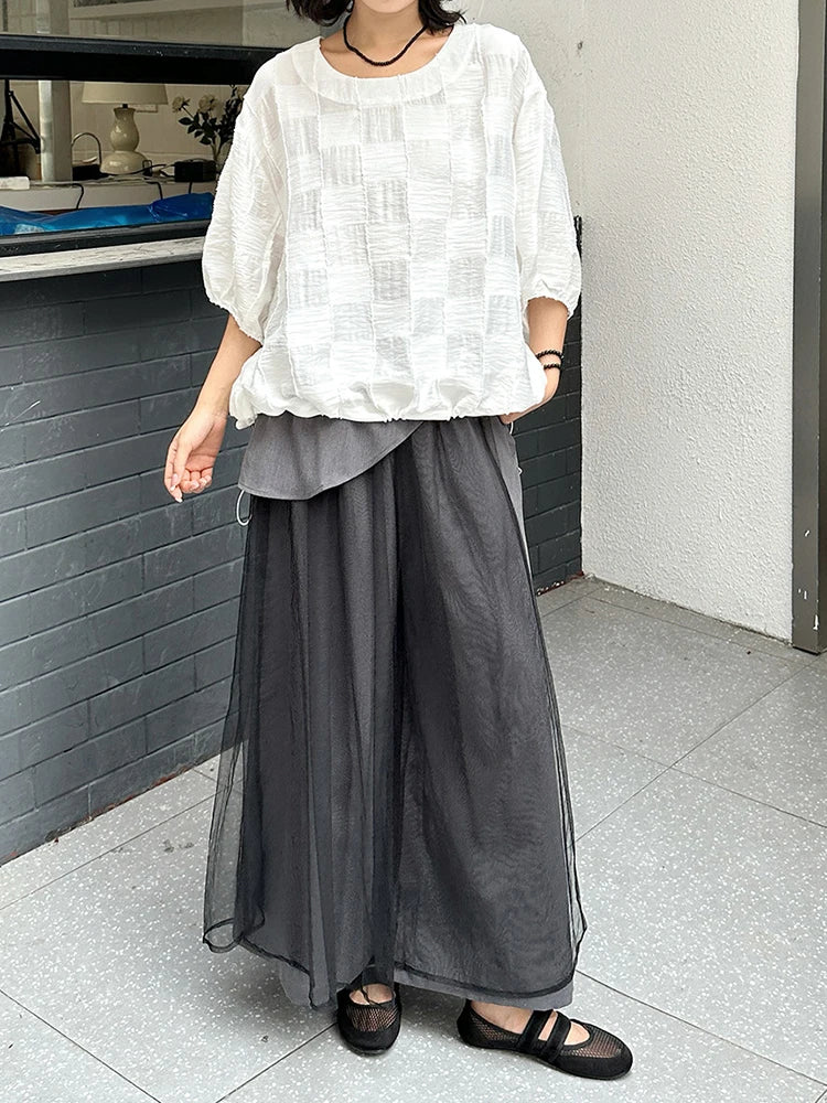 High Elastic Waist Gray Mesh Irregular Spliced Wide Leg Pants New Trousers Women Fashion Tide Spring Autumn 2025  1DJ1393