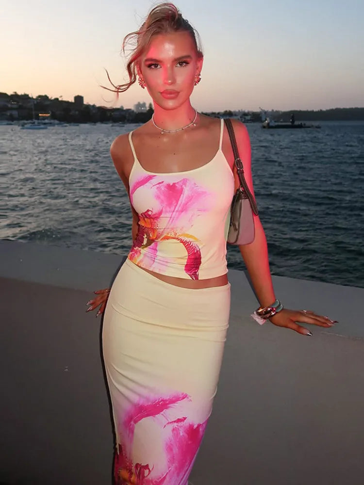Print Two Piece Sets Women Halter Cropped Top And Maxi Skirt Ladies Fashion Summer New High Waist Skinny Skirt Set