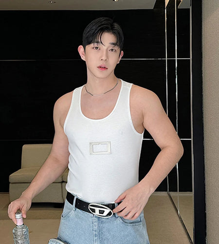 Summer Personalized Male Vest Solid Color Metal Round Neck Pullover Tank Top Stylish Men's Clothing Fashion 9C5992