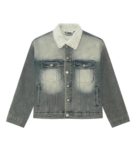 Autumn Men's Denim Jackets Worn-out Turn-down Collar Fleece Thinckened Single Breasted Washed Loose Male Coats 9C8729