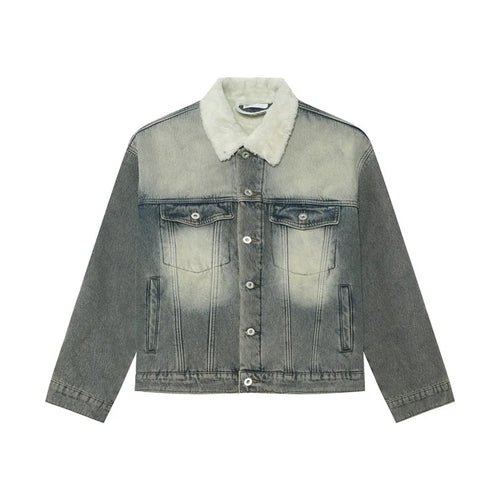 Load image into Gallery viewer, Autumn Men&#39;s Denim Jackets Worn-out Turn-down Collar Fleece Thinckened Single Breasted Washed Loose Male Coats 9C8729
