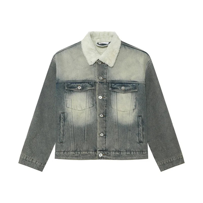 Autumn Men's Denim Jackets Worn-out Turn-down Collar Fleece Thinckened Single Breasted Washed Loose Male Coats 9C8729