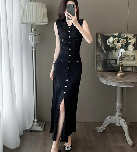 Summer Black V-neck Elegant Knit Long Dress Women Slim Sleeveless Single Breasted Hollow Out Split Dress 2024 New Korean Fashion