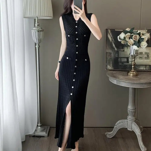 Load image into Gallery viewer, Summer Black V-neck Elegant Knit Long Dress Women Slim Sleeveless Single Breasted Hollow Out Split Dress 2024 New Korean Fashion

