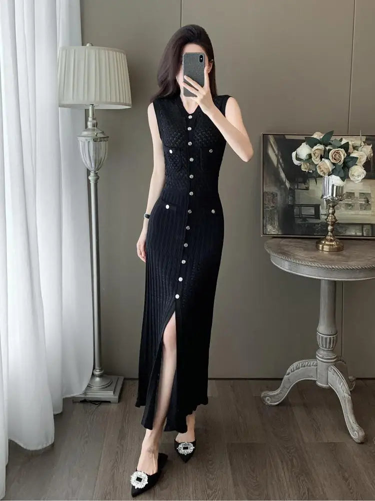 Summer Black V-neck Elegant Knit Long Dress Women Slim Sleeveless Single Breasted Hollow Out Split Dress 2024 New Korean Fashion