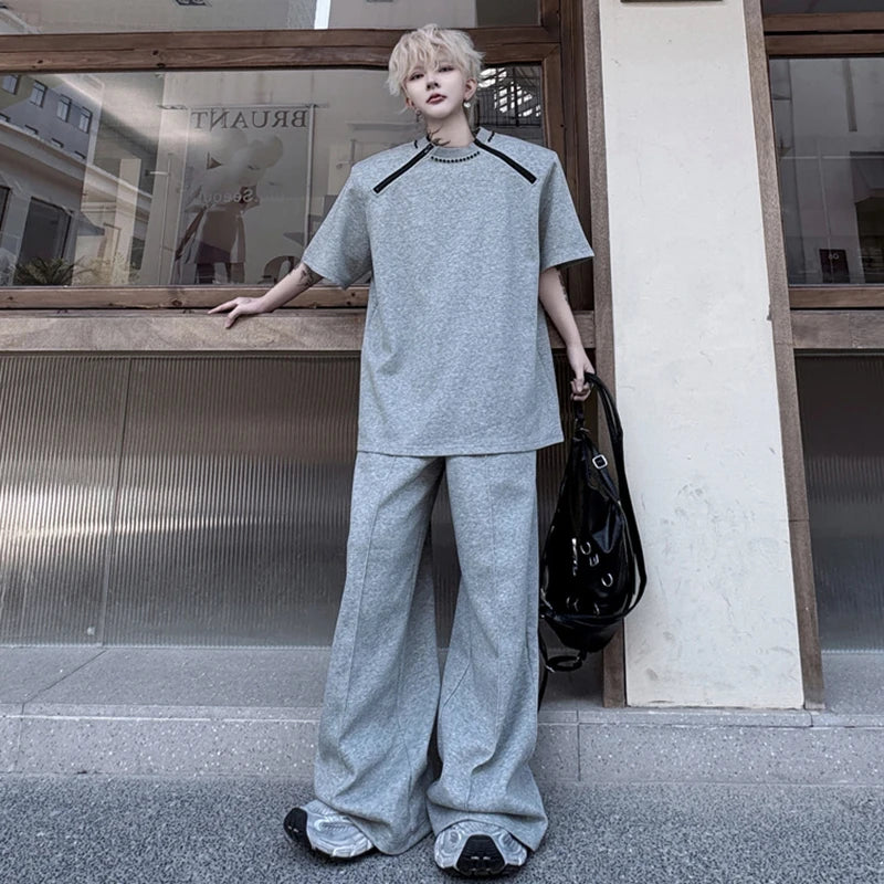 Men's Pants Set New Summer Contrast Colors Rivet Zipper Design Short Sleeved Sweatshirt Casual Straight Leg Pants 9W1798