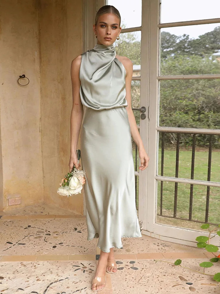 Elegant Sleeveless Satin Bodycon Dress Women 2024 Summer Irregular Hanging Neck Evening Dress Mid Dress Party Clubwear