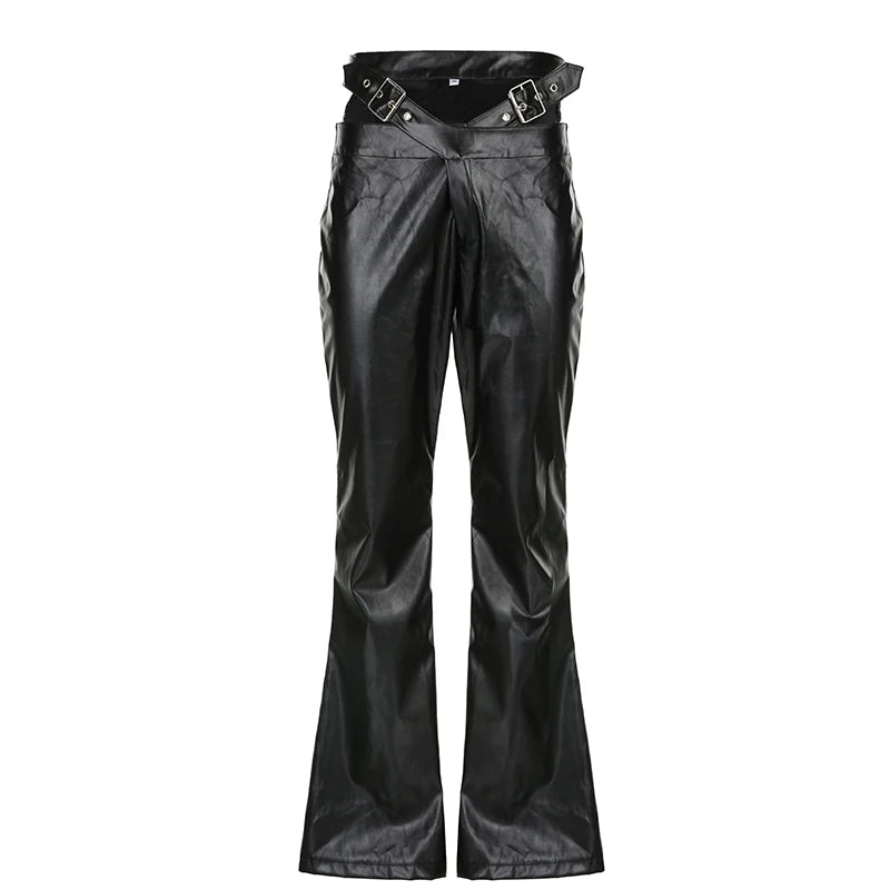Fashion Punk Buckle Black PU Leather Pants Korean Style Solid Boot Cut Trousers Women Harajuku Autumn Capris Outfits