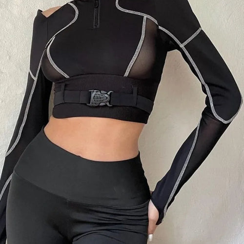 Load image into Gallery viewer, Grunge Patchwork Gauze Harajuku Crop Tops Women Y2k Aesthetic Zipper Slim Fit Tees Streetwear Vintage Fairy Hollow Out T-shirts
