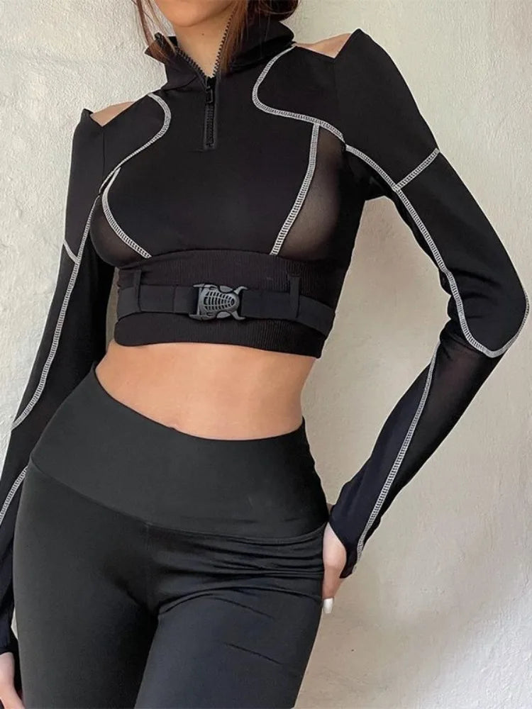 Grunge Patchwork Gauze Harajuku Crop Tops Women Y2k Aesthetic Zipper Slim Fit Tees Streetwear Vintage Fairy Hollow Out T-shirts