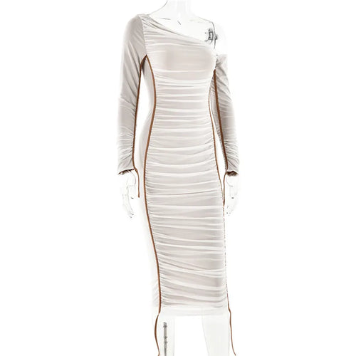 Load image into Gallery viewer, Diagonal Collar Long Sleeve Midi Dress For Women Two Layer Mesh Backless Ruched Bodycon Club Party Sexy Long Dress
