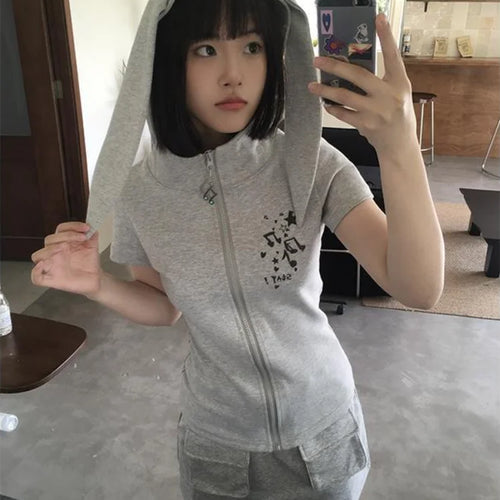 Load image into Gallery viewer, Kawaii Rabbit Ear Zipper T-shirts Y2k Aesthetic Slim Streetwear Korean Fashion Tees Short Sleeve Fairy Harajuku Hoody Top Women
