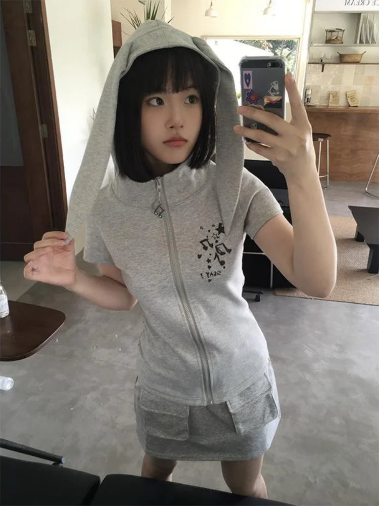 Kawaii Rabbit Ear Zipper T-shirts Y2k Aesthetic Slim Streetwear Korean Fashion Tees Short Sleeve Fairy Harajuku Hoody Top Women