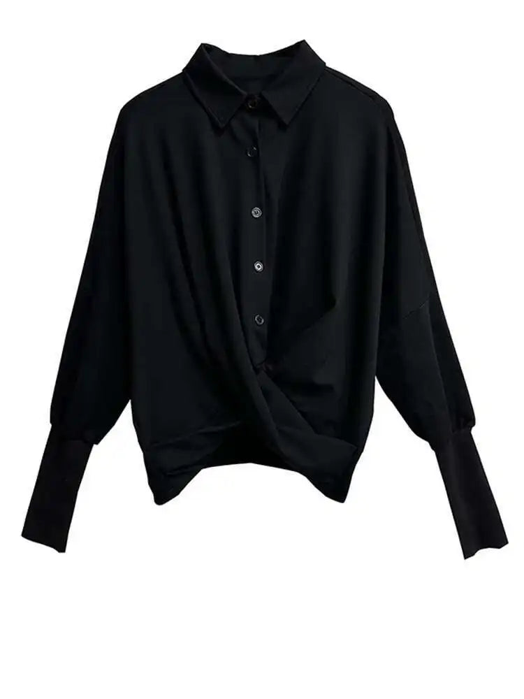 Women Black Irregular Cross Short Big Size Blouse New Lapel Long Sleeve Shirt Fashion Tide Spring Autumn 2025 Black
