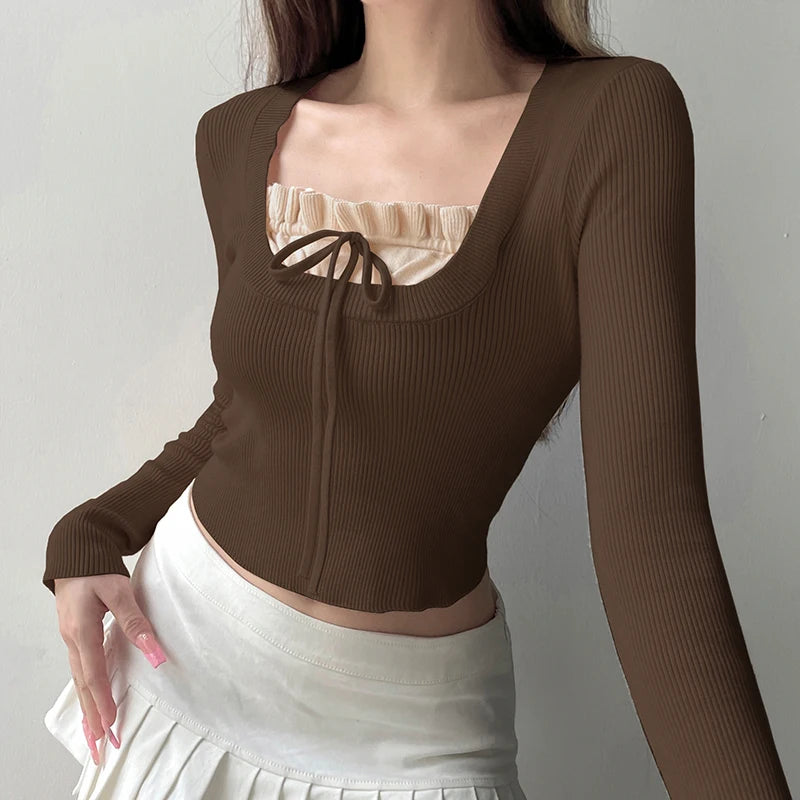 Korean Fashion Fitness Patched Y2K Women Sweaters Knitted Tie-Up Ruched Vintage Pullover Autumn Cropped Jumpers Cute