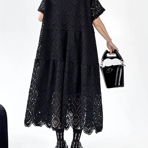 Load image into Gallery viewer, Women Black Lace Hollow Out Big Size Midi Shirt Dress New Lapel Short Sleeve Fashion Tide Spring Summer 2025 1DJ1166
