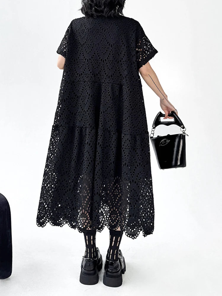 Women Black Lace Hollow Out Big Size Midi Shirt Dress New Lapel Short Sleeve Fashion Tide Spring Summer 2025 1DJ1166