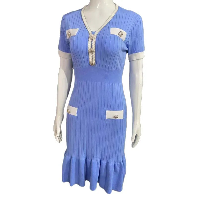 Summer Korean Patchwork V-neck Slim Ruffled Edge Pleated Short Sleeve Midi Dress Women Retro Festival Wrap Hip Knitted Dress Y2k