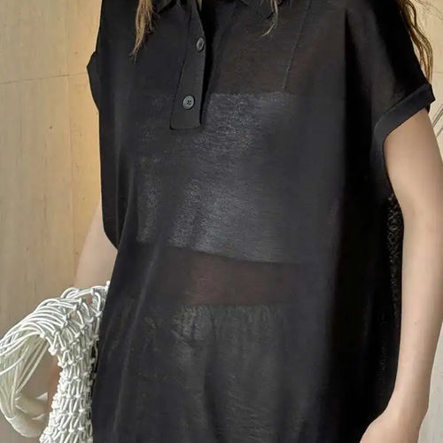 Load image into Gallery viewer, Women Apricot Thin Knitting Perspective Big Size T-shirt New Lapel Short Sleeve Fashion Tide Spring Summer 2025 1DH6129
