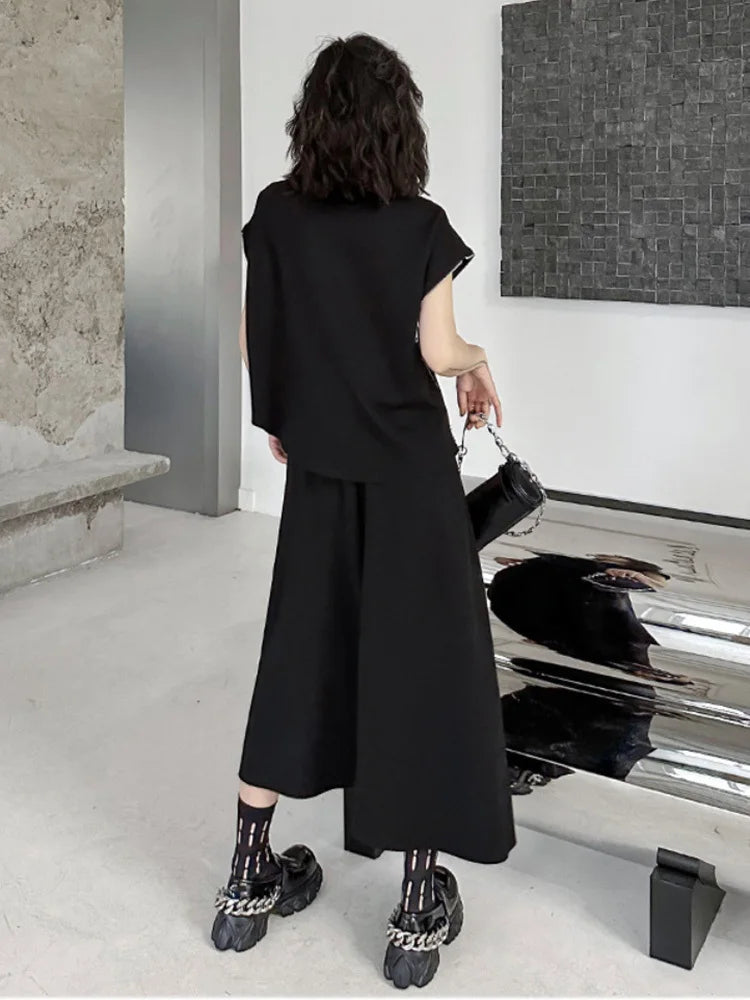 Black Zipper T-shirt Half-body Skirt Two Pieces Suit New Round Neck Short Sleeve Women Fashion Spring Summer 2025 1DJ0167