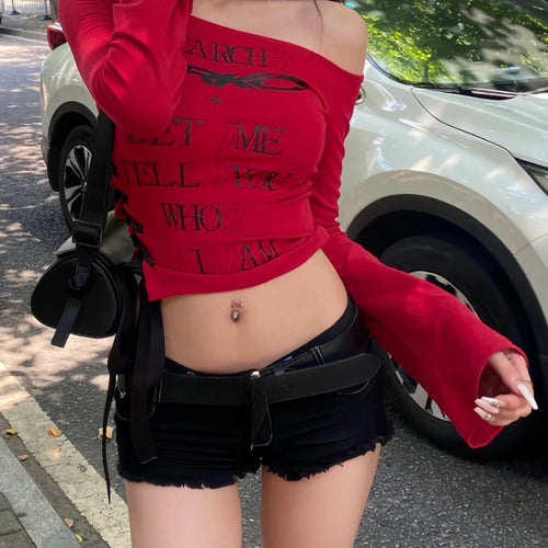 Load image into Gallery viewer, Y2k Aesthetic Skew Collar Women Sexy Cropped T-shirt Vintage Letter Print Streetwear Grunge Tshirts Harajuku Vintage Gothic Tees
