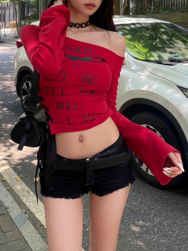 Y2k Aesthetic Skew Collar Women Sexy Cropped T-shirt Vintage Letter Print Streetwear Grunge Tshirts Harajuku Vintage Gothic Tees