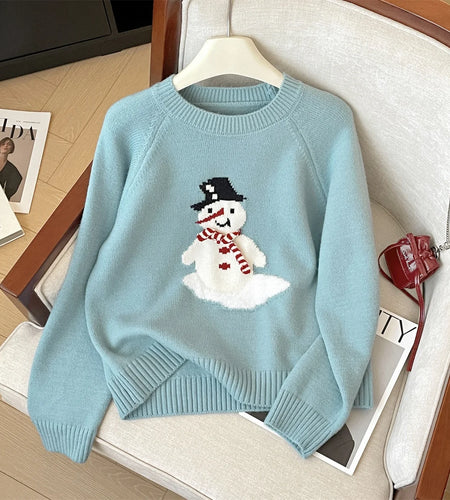 French Autumn Winter Blue Snowman Elegant Pullover Short Sweater Women Vintage 2024 New Red Round Neck Long Sleeved Knitted Tops