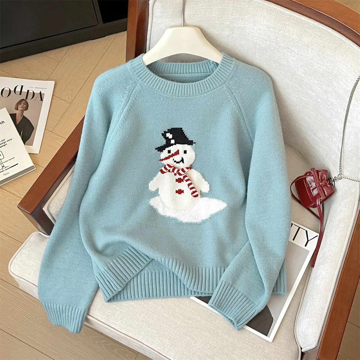 French Autumn Winter Blue Snowman Elegant Pullover Short Sweater Women Vintage 2024 New Red Round Neck Long Sleeved Knitted Tops
