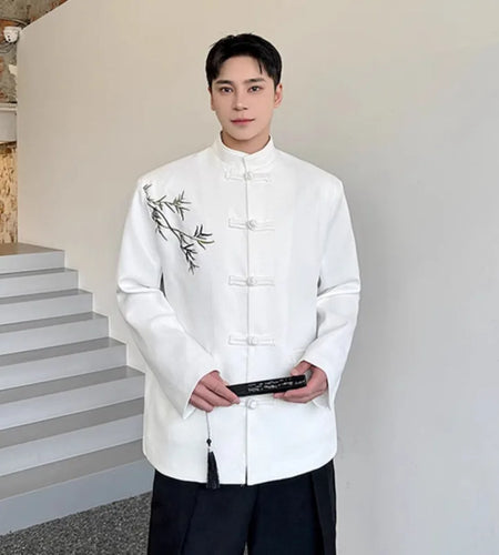 Men's Suit Coat New Chinese Style Embroidered Bamboo Pattern Stand Collar Male Blazer Spring Menwear Knot Button 9W1578