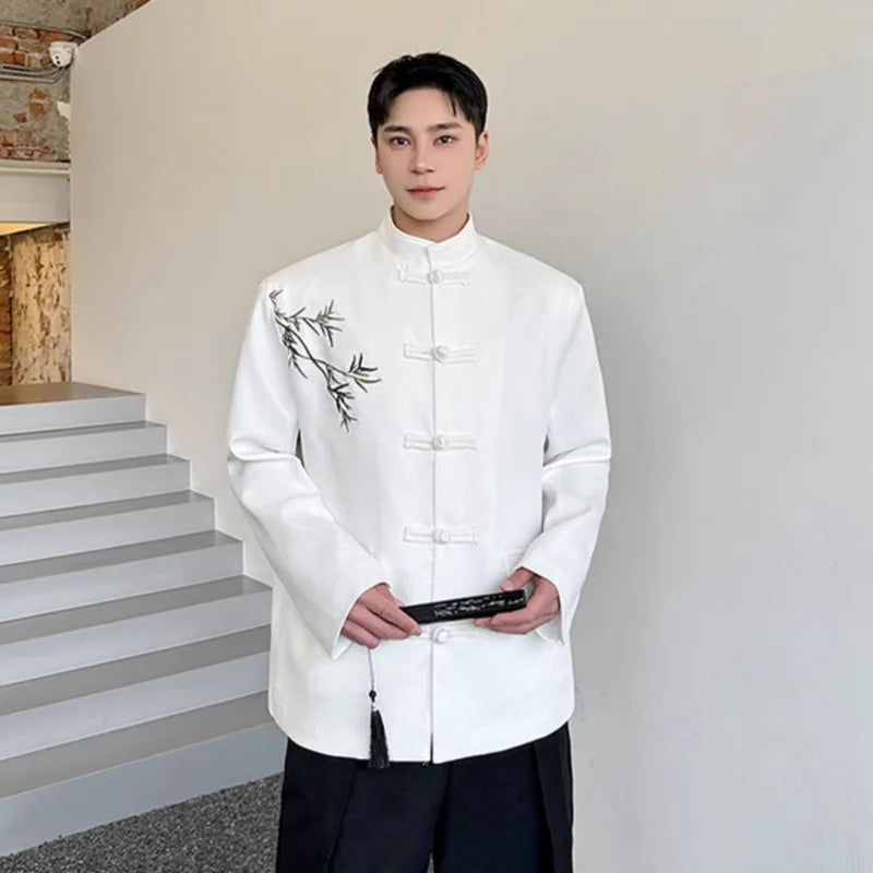 Men's Suit Coat New Chinese Style Embroidered Bamboo Pattern Stand Collar Male Blazer Spring Menwear Knot Button 9W1578