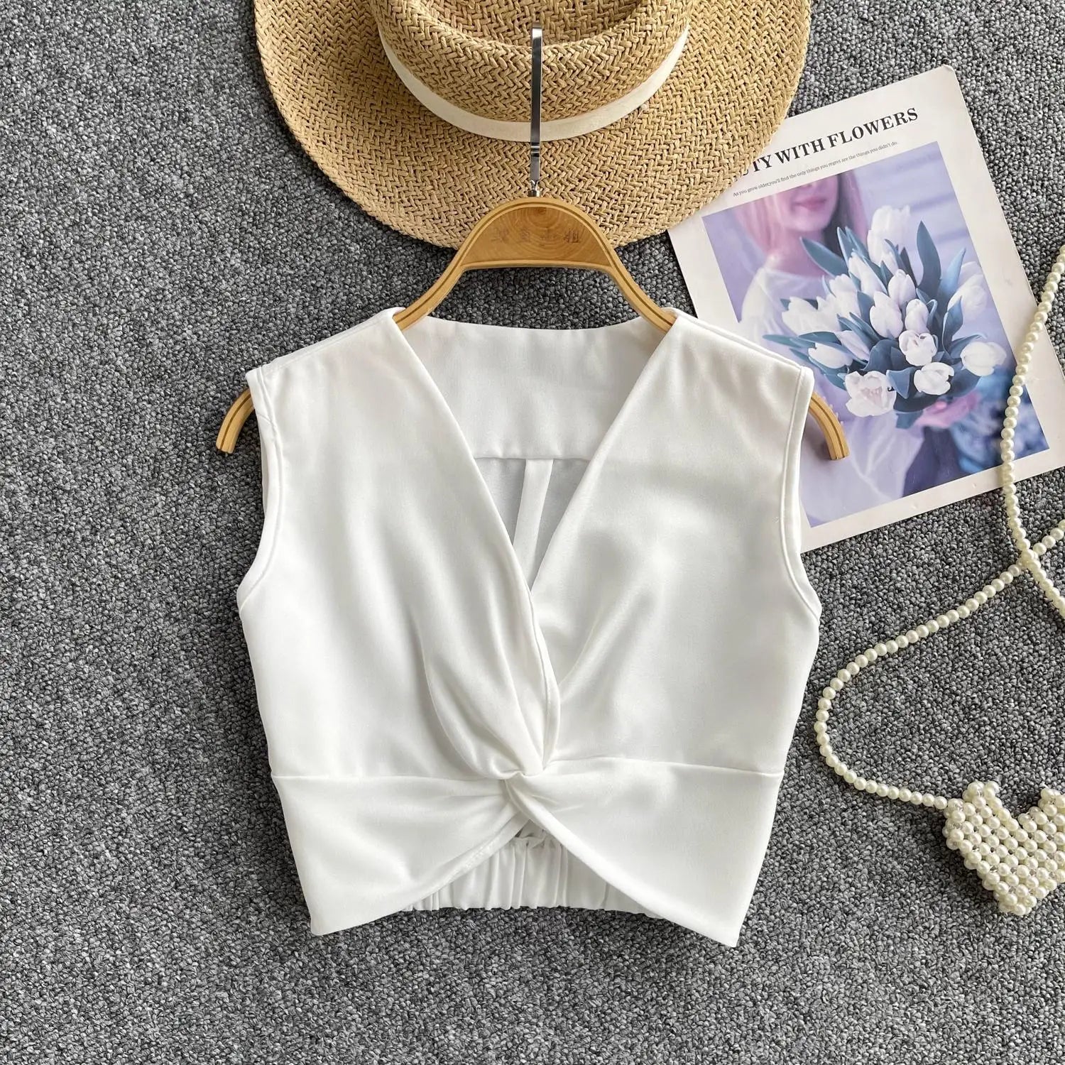 Women Clothing Summer Black V-neck Short Vest Ladies Casual Versatile White Sleeveless Pleated Tank Tops Simplicity Popular Chic