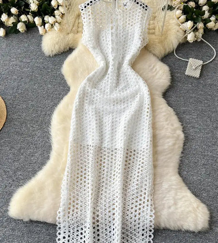 French Women Black Hollow Out Sleeveless Zipper Long Dress White Elegant Round Neck Slim Evening Party Dress Summer Street Trend