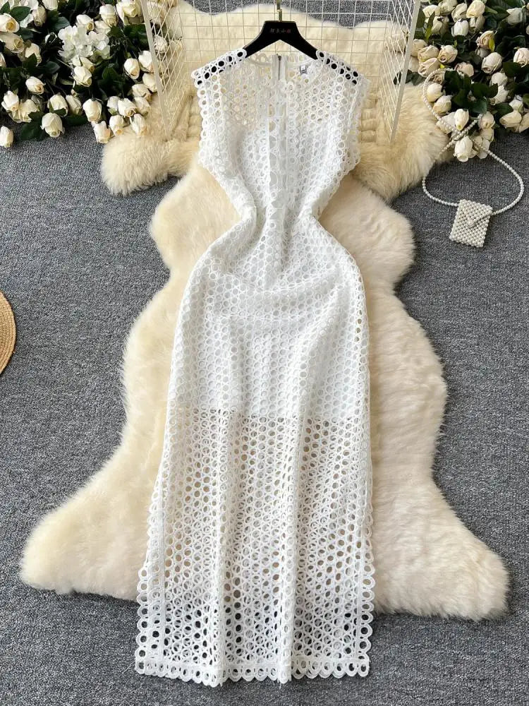 French Women Black Hollow Out Sleeveless Zipper Long Dress White Elegant Round Neck Slim Evening Party Dress Summer Street Trend