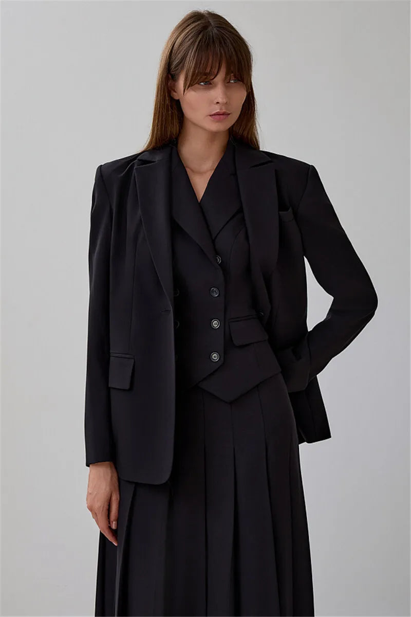 Autumn Two Piece Sets Women Double-breasted Vest And Split Skirt Matching Sets Fashion Long Pleated Skirt Two Piece Set