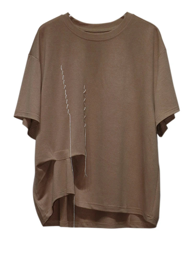 Women Black Topstitched Irregular Big Size T-shirt New Round Neck Short Sleeve Fashion Tide Spring Summer 2025 1DJ0944