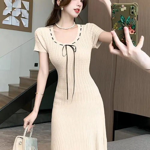 Load image into Gallery viewer, Korean Women's Black Beige Round Neck Knitted Office Lady Short Sleeve Mini Dress Summer Green Lace-up Short Dresses Simplicity
