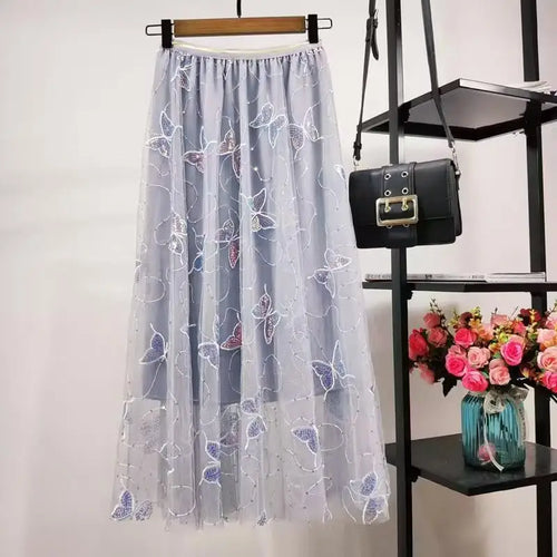 Load image into Gallery viewer, Elastic High Waist Skirt Ladies Summer Vintage Jacquard Butterfly Tulle Skirts Womens Fashion Embroidery Mesh Midi Skirt Women
