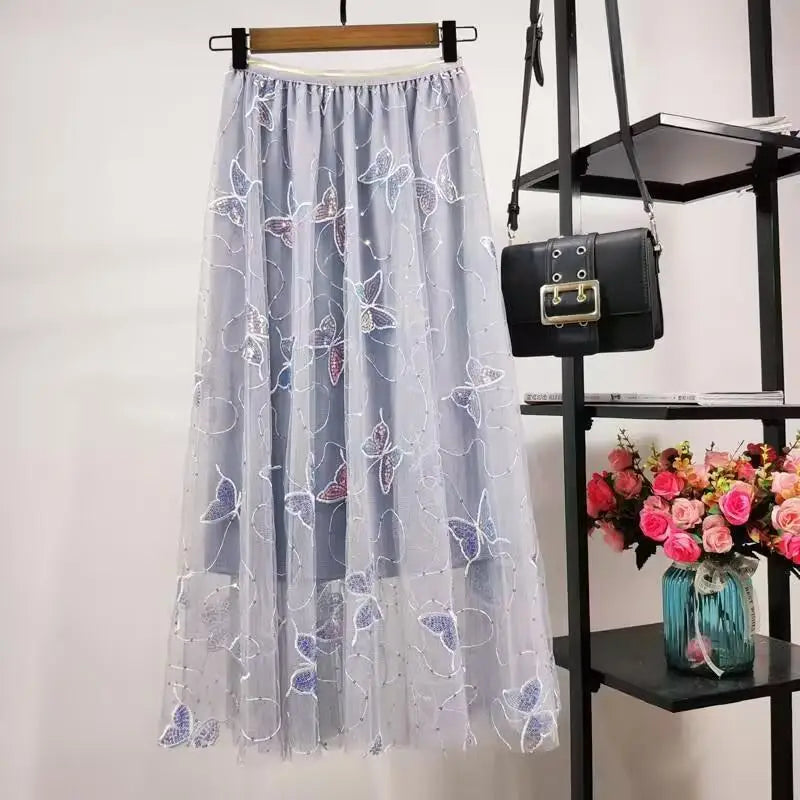 Elastic High Waist Skirt Ladies Summer Vintage Jacquard Butterfly Tulle Skirts Womens Fashion Embroidery Mesh Midi Skirt Women