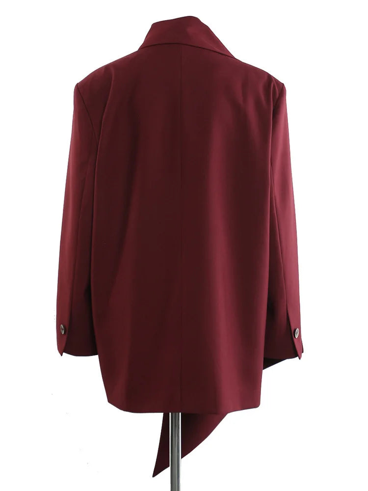 Women Wine Red Irregular Big Size Blazer New Scarf Collar Long Sleeve Jacket Fashion Tide Spring Autumn 2025 1DH9437