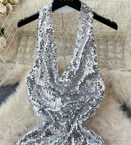 Summer 2023 Retro Elegant Silver Sequins Backless Birthday Party Long Sundress Women Sexy Club Sleeveless Wrap Hip Evening Dress